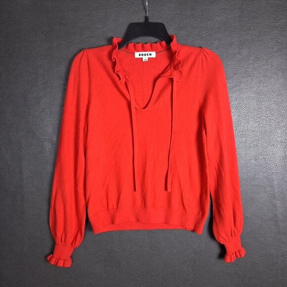 Boden Sweater Womens XS Ruffle Tie Neck Jumper Wool Cotton Blend Romantic Red - Picture 1 of 6